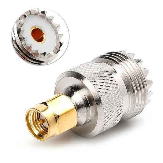 RF coaxial adapter connector, silver metal with gold male and UHF female ports
