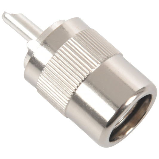 Male RF coaxial twist-on card connector with knurled grip, silver metal body
