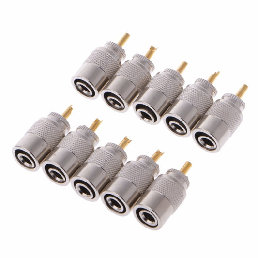Set of 10 PL-259 UHF male solder connector plugs with knurled silver housings