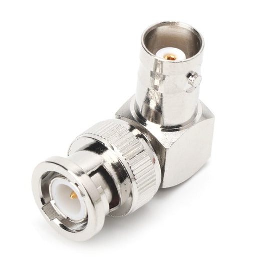 Right-angle BNC male to female RF card connector, chrome-plated metal, bulkhead-style.