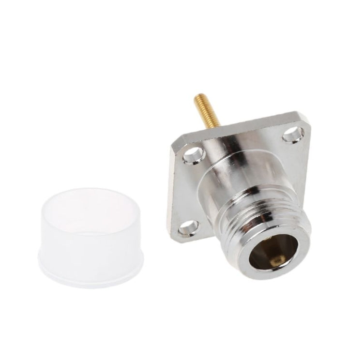 RF female adapter with threaded metal body and white plastic dust cap