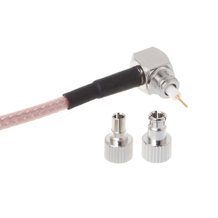 RF coax adapter cable with silver TS9-style plug and two metal mounting collars