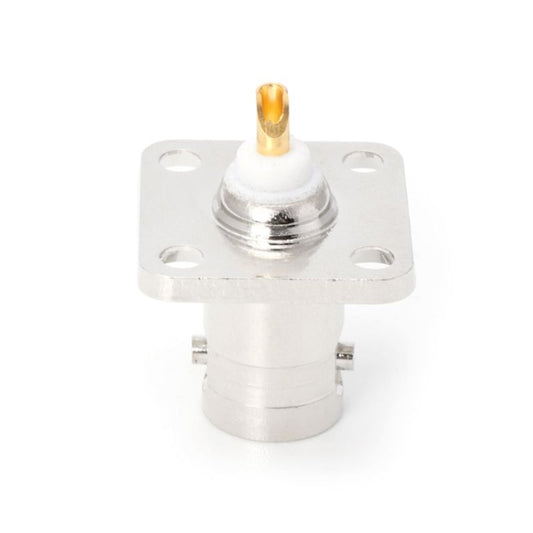 BNC female panel-mount jack front view; gold center pin on white insulator, four mounting holes
