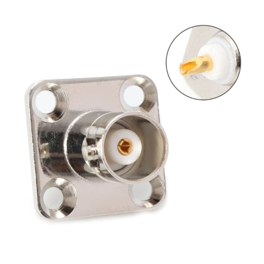 BNC female panel-mount jack with four-hole flange; gold center pin, white insulator