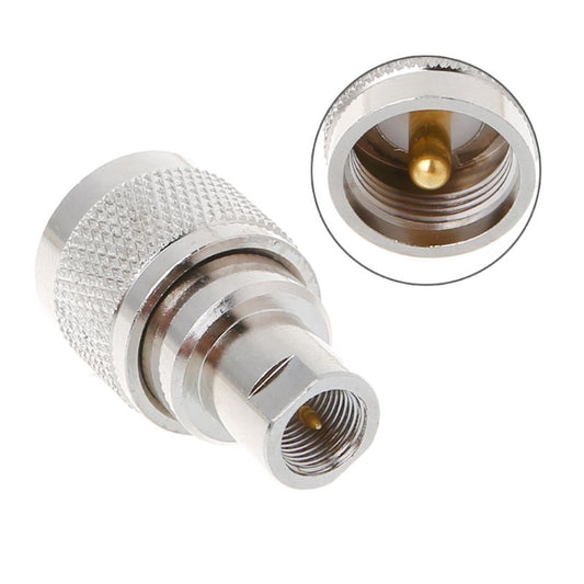 UHF male connector adapter, silver metal with textured grip and gold center pin