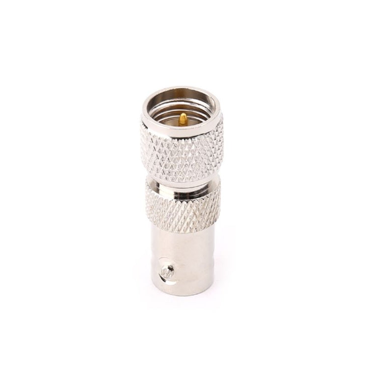 BNC female to mini UHF male RF adapter with silver housing and inner threads