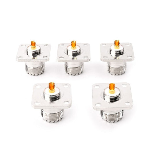 UHF SO-239 female flange panel mount adapter set (5-pack), silver with amber insulators