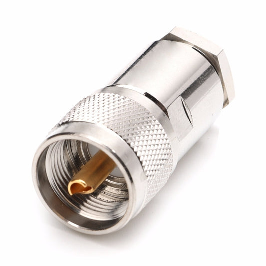 Silver UHF PL259 male clamp adapter with knurled grip and internal threaded connector