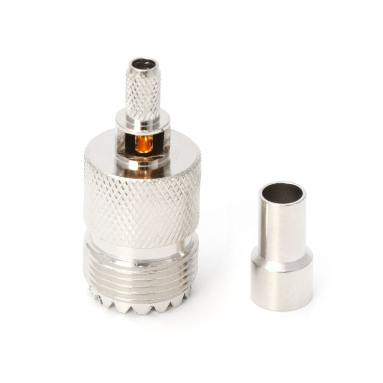 Silver UHF female crimp RF coax connector with loose metal sleeve
