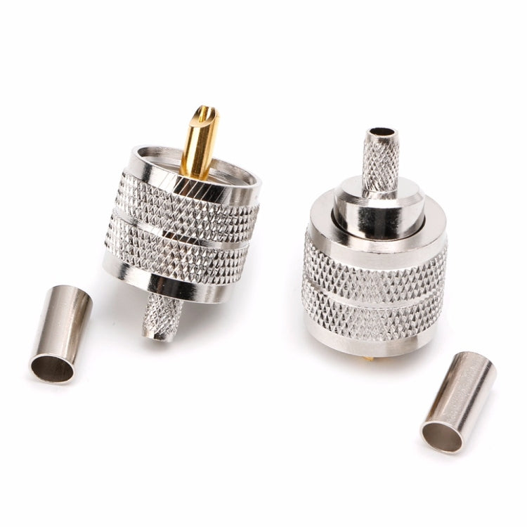 UHF male PL259 crimp connector plugs with metal sleeves, silver knurled grip