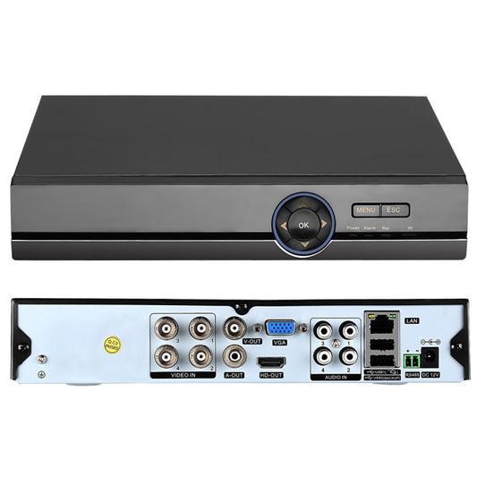 4-channel AHD DVR, dark gray metal unit with control dial and buttons