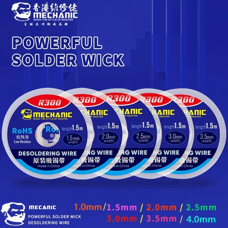 MECHANIC R300 powerful solder wick set, RoHS, 1.0 to 4.0 mm widths, 1.5 m length