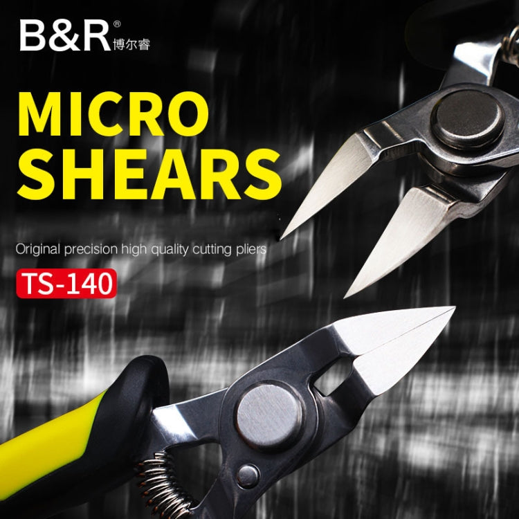 B&R micro shears wire cutter with yellow handle and two pointed cutting blades
