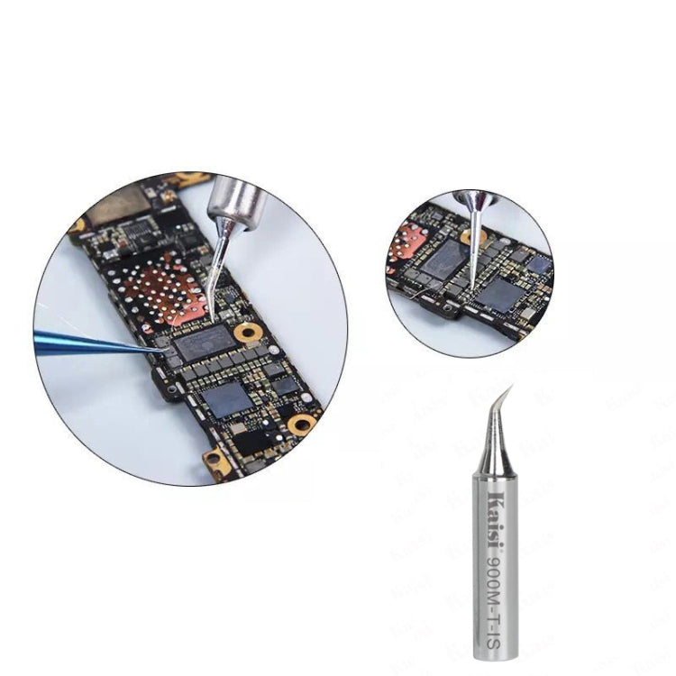 Extra sharp soldering iron tip with inset detail of precise board soldering