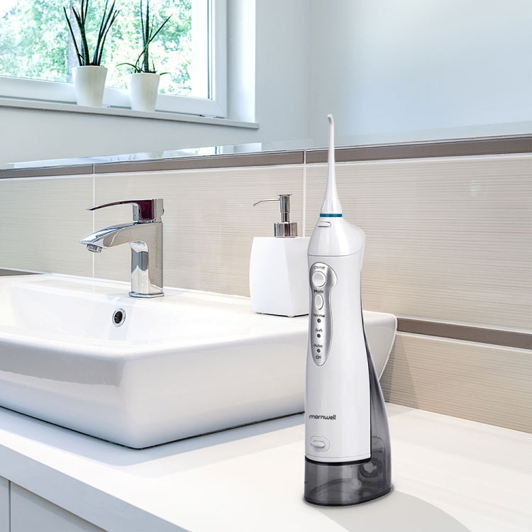 White handheld water flosser standing upright with water reservoir base and nozzle