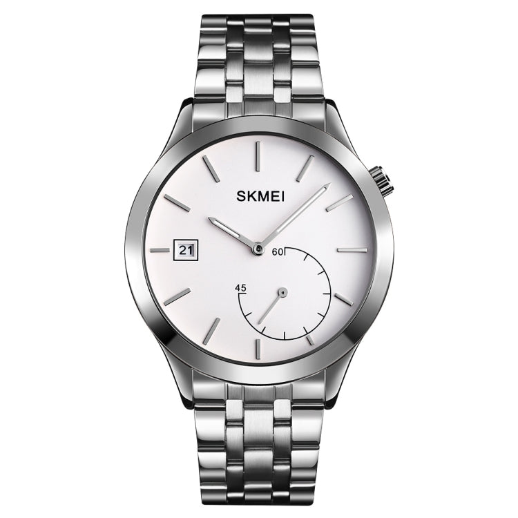 SKMEI men’s quartz wristwatch with stainless steel bracelet, round silver case, white dial