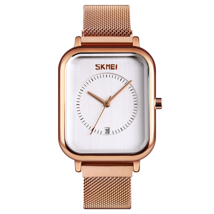 Rose gold-tone case quartz watch with silver dial and mesh belt