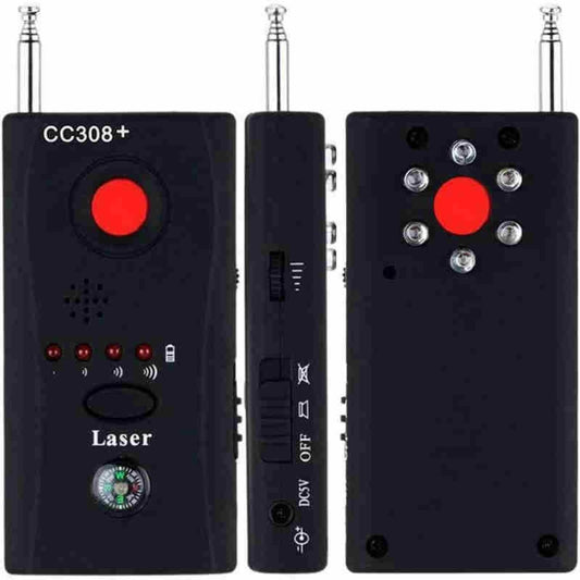 CC308+ mini laser signal detector with red indicator lights and raised antenna