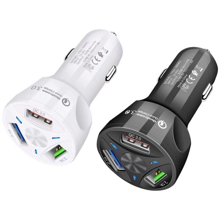 White and black 3-USB QC3.0 car chargers with USB ports