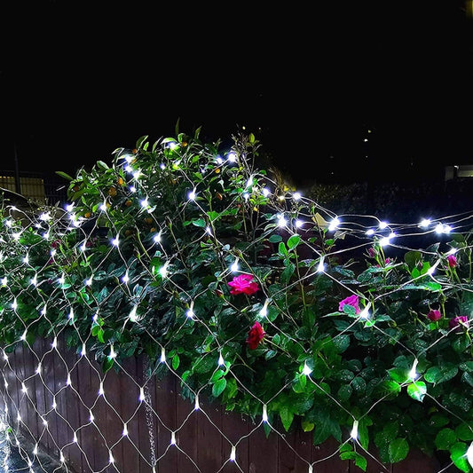 Colorful LED fishing net curtain lights with mixed white and green glow