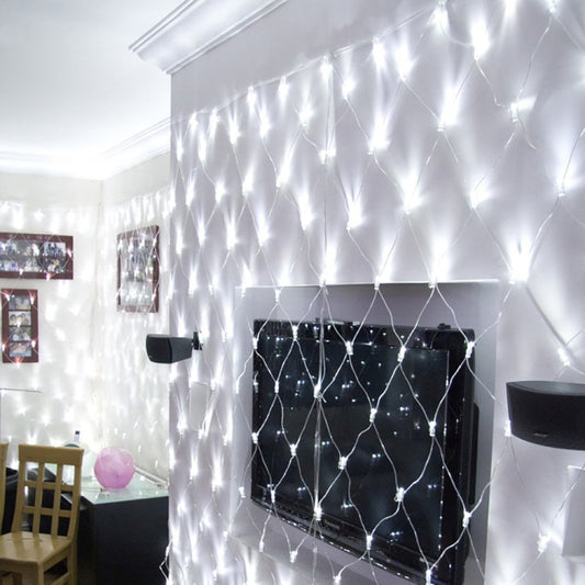 White LED fishing net curtain lights with glowing strands and square grid design