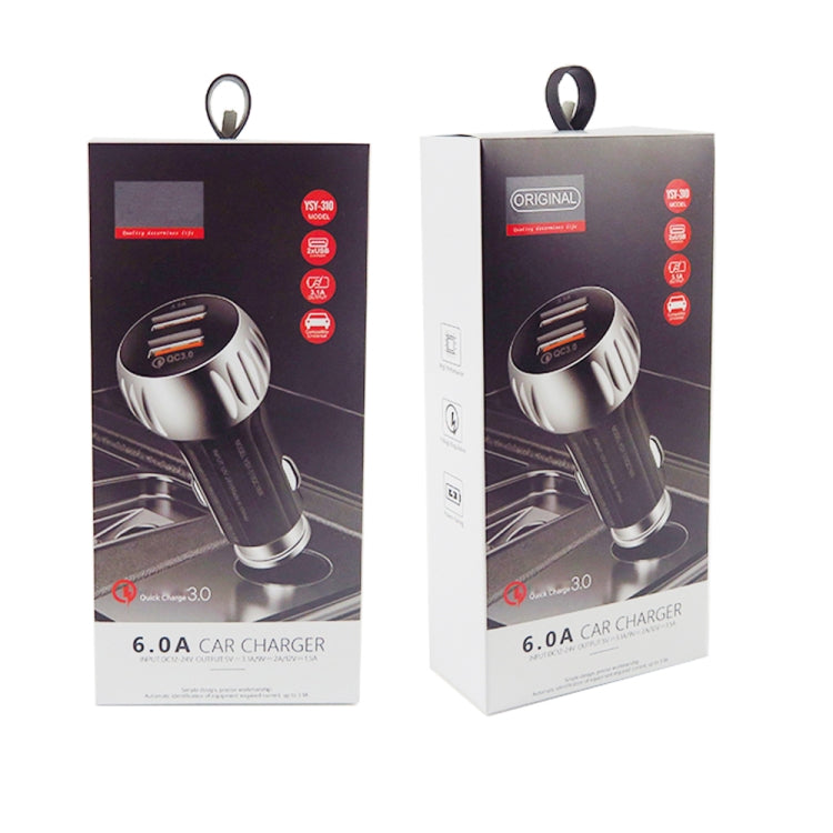 Retail packaging for dual-port USB QC3.0 car charger, 6.0A, black and white boxes.