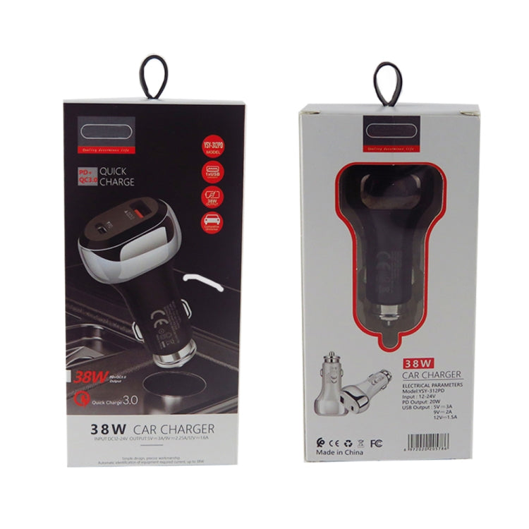 Car charger retail box showing QC3.0 PD USB charger and Type-C to 8-pin cable