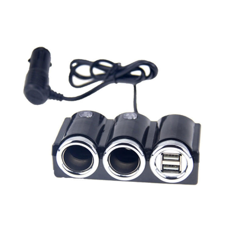 Car cigarette lighter splitter with USB port and two round sockets, attached cable