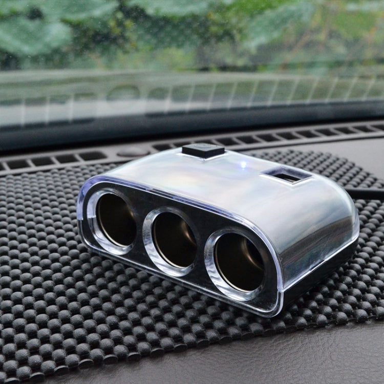 Chrome 3-cigar-lighter splitter adapter with three sockets and two USB ports