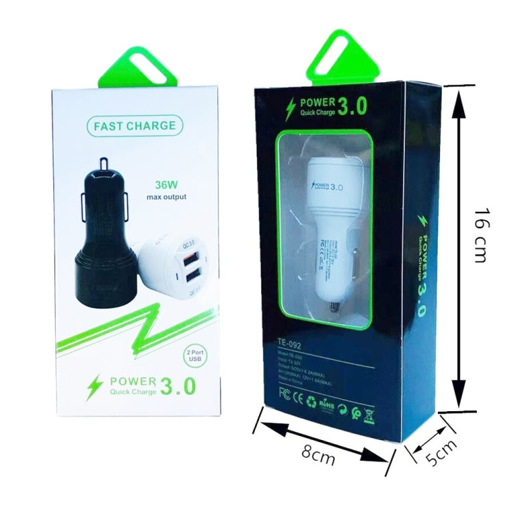 TE-092 36W dual QC3.0 fast car charger retail box, shown open