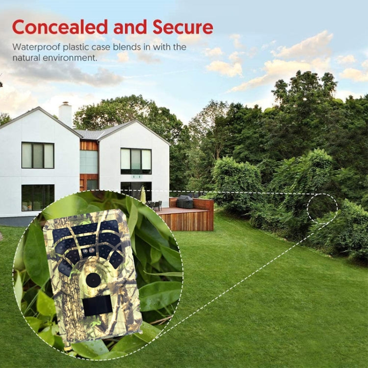 Camouflage trail tracking camera in outdoor yard with front lens and sensor array