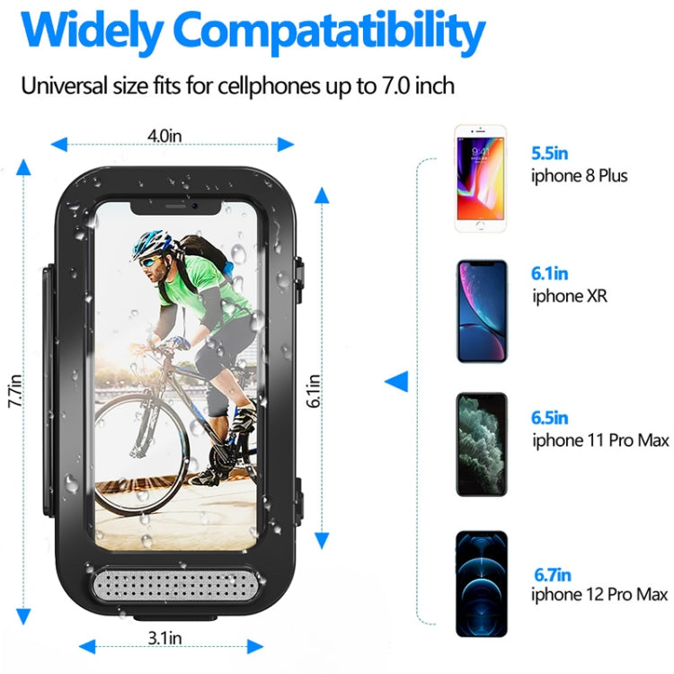 Waterproof black phone case with front viewing window, side supports, and bottom speaker grille