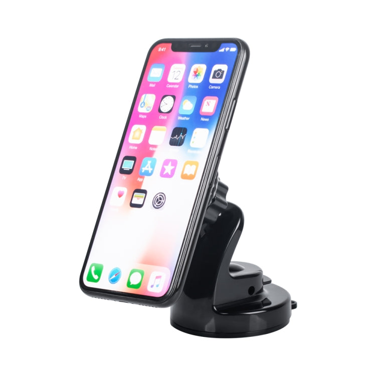 Car dashboard phone holder holding a smartphone on a black suction base