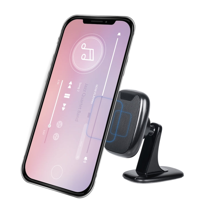 Smartphone seated in black magnetic car phone holder on small base