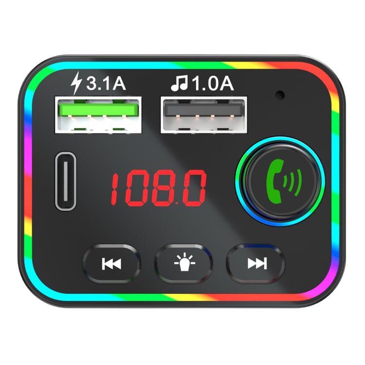 Black car MP3/FM transmitter with dual USB ports, red 1080 display, colorful light frame