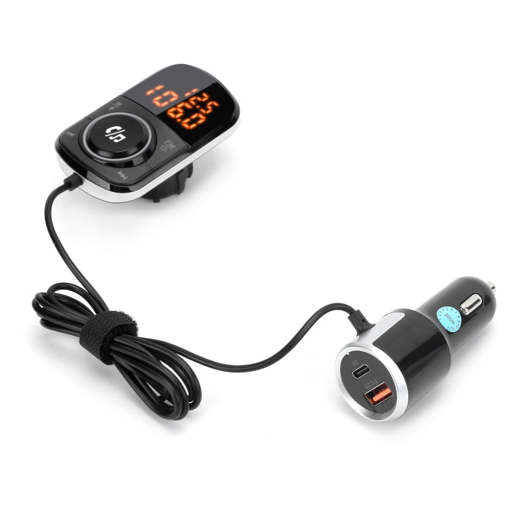Car FM transmitter with top control panel, LED display, and cigarette-lighter power cord