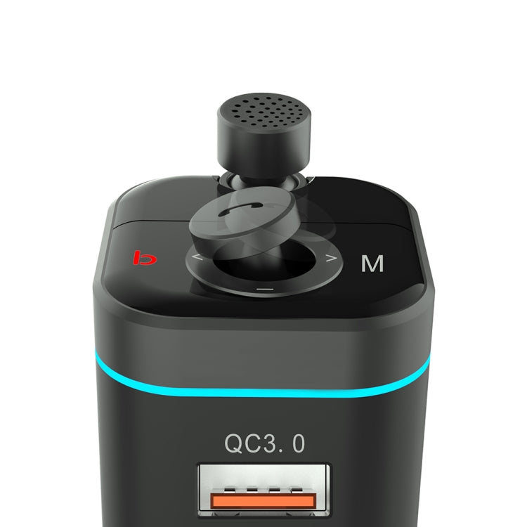 Black car MP3/FM transmitter with top speaker grille and QC3.0 USB port, LED panel