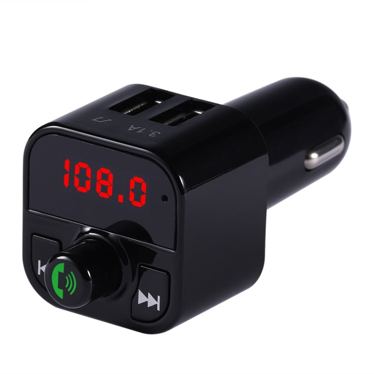 Black car FM transmitter with red LED frequency, playback controls, and top USB port
