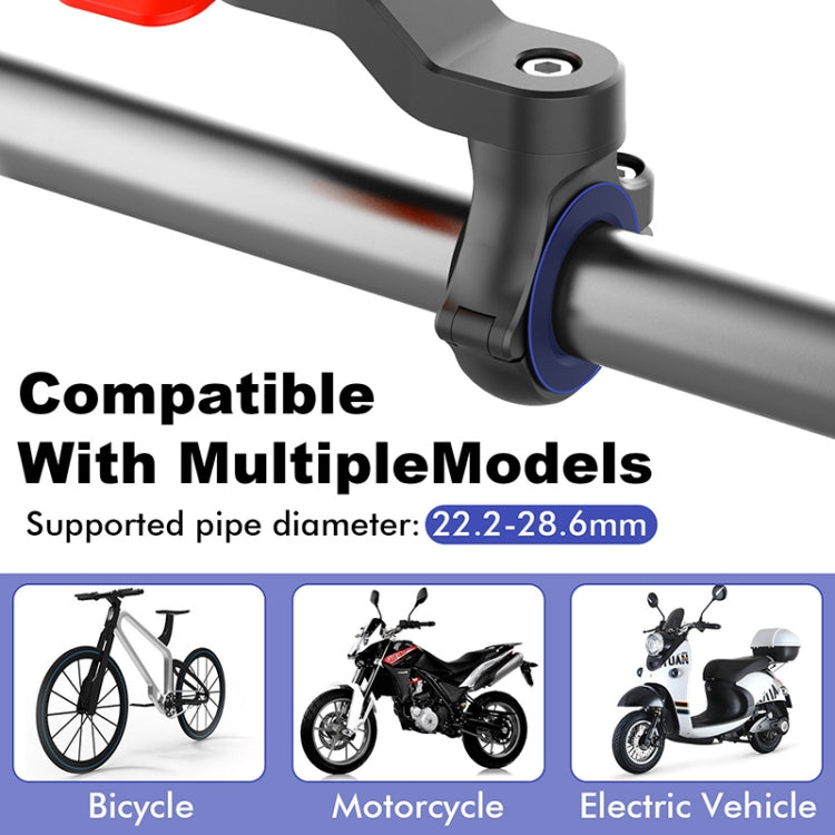Handlebar phone holder mount with blue grip ring and compatibility icons for vehicles