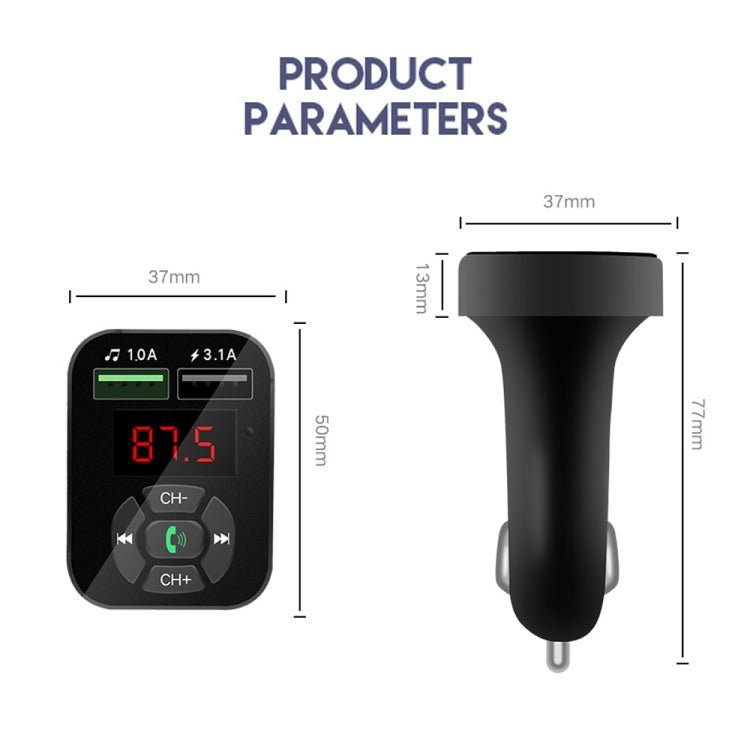 Black car FM transmitter charger dimensions diagram with measurements