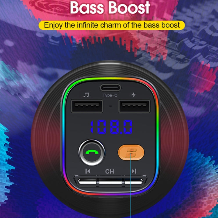 Car Bluetooth FM transmitter interface with bass boost button and LED-lit display