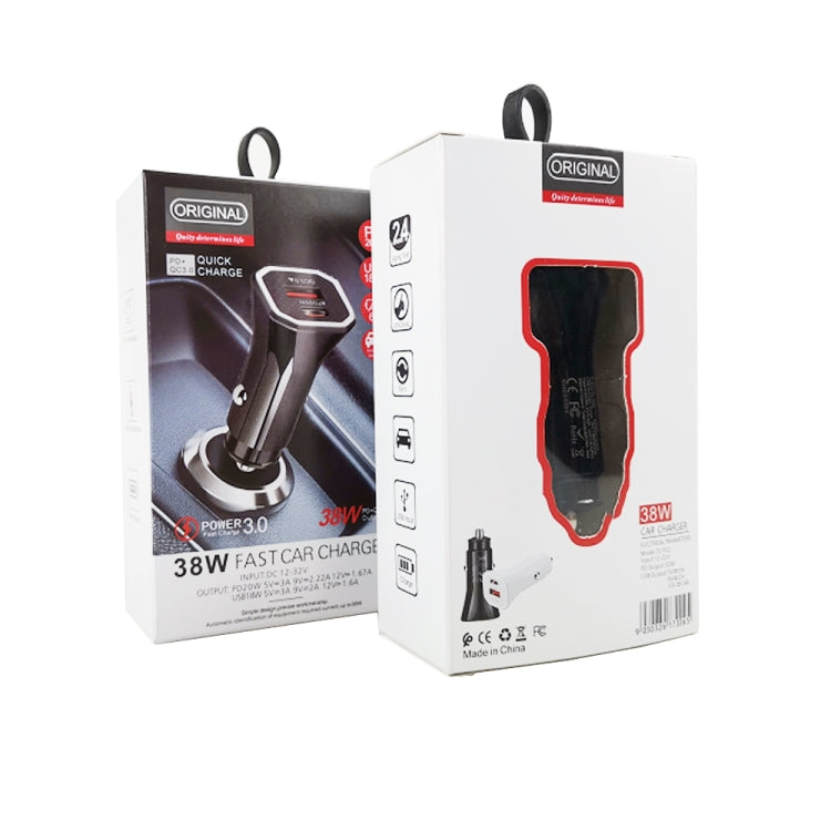 Retail box packaging for 38W USB-C fast car charger, showing black and white options.