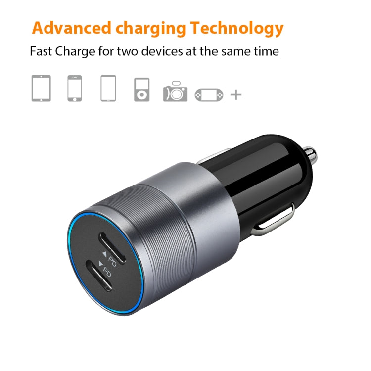 Dual PD car charger with metal grey body, blue-ring USB-C face, two USB-C ports