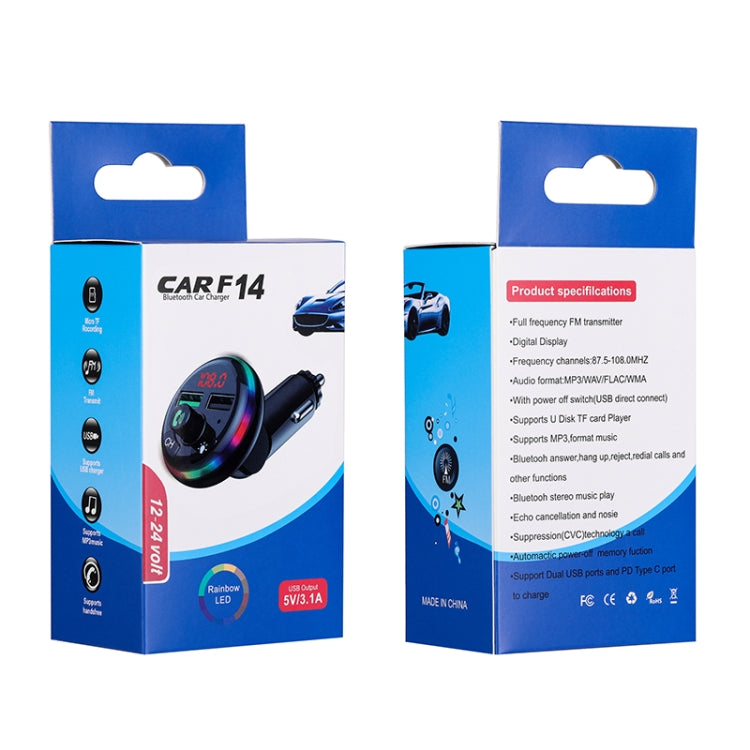 CAR F14 dual-port car charger retail box with product specs and LED image