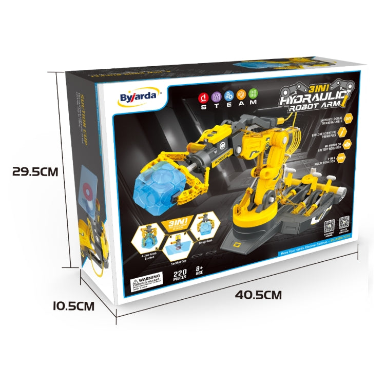Yellow hydraulic robot arm science kit box with assembled robot arm on front