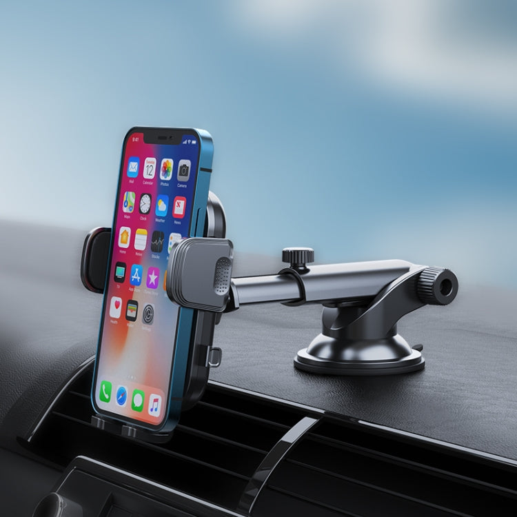 Car phone holder with mounted smartphone on dashboard, telescopic arm, black
