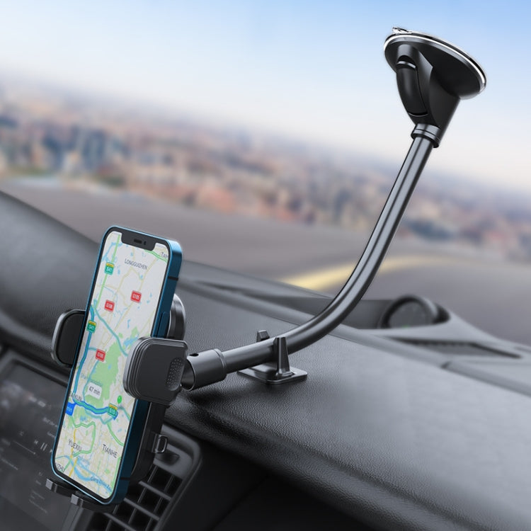 Car dashboard phone holder with bendable arm and windshield suction mount