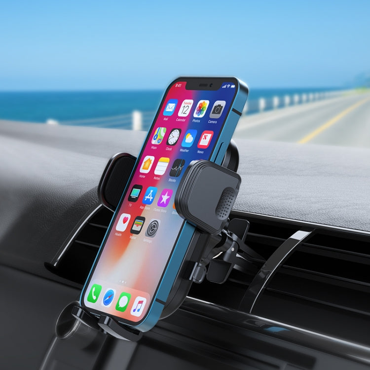 Car air-vent phone holder securing a smartphone to the vent, black