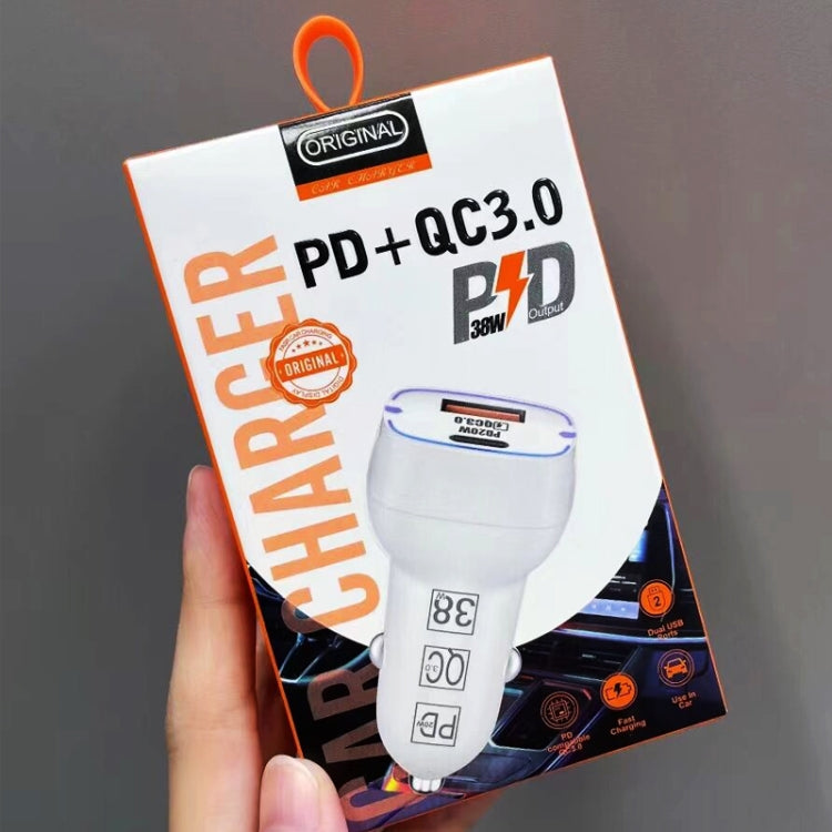 Retail box packaging with a white USB-C car charger and Type-C cable