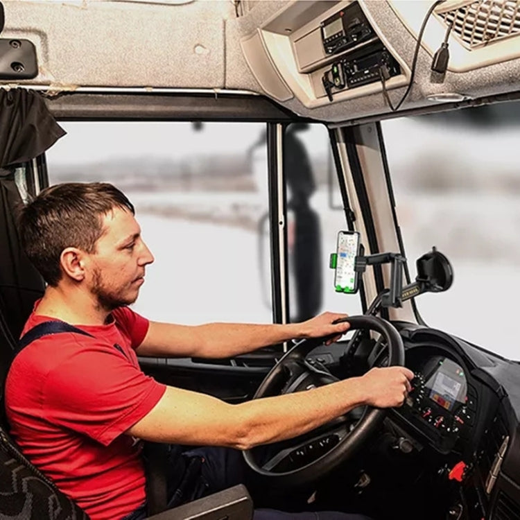 Dashboard-mounted cell phone holder with long arm and clamp for phone